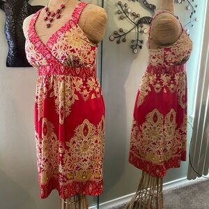 ♥️ Shimmer Gold Red Straps Fall Autumn Studs Asian Print Pattern Dress Spandex